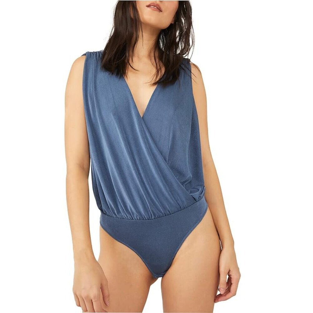 Free People Night Owl Bodysuit Women's Medium Blue Stretch Surplice Neck RED1364